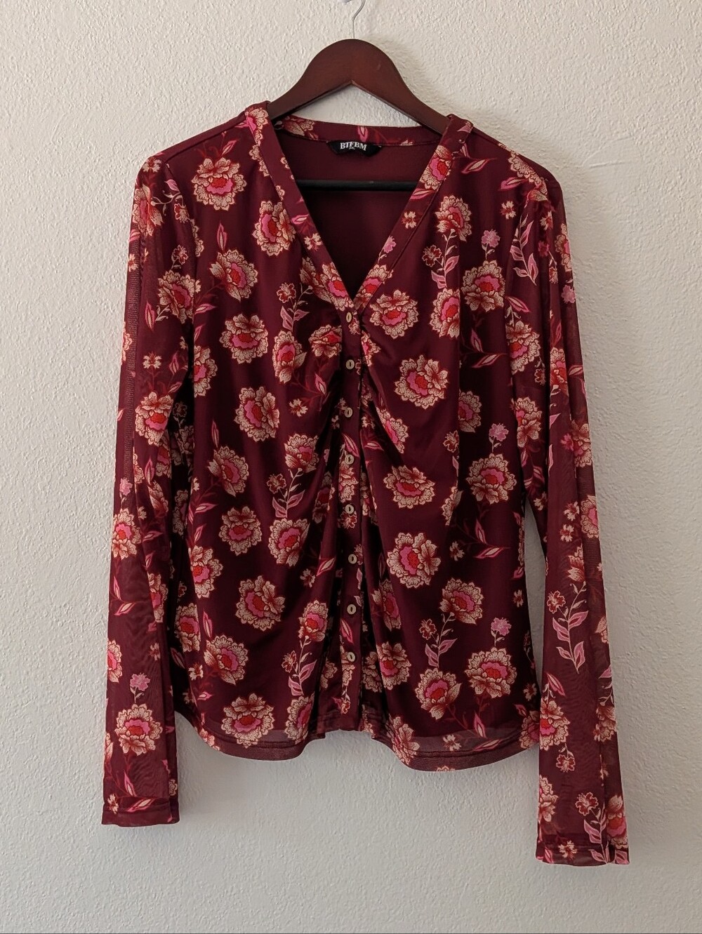 BTFBM Floral Mesh Ruched V-Neck Long Sleeve Lined Blouse Top Red Pink Size XXL